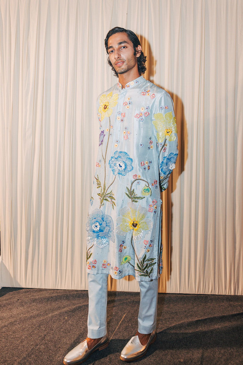 Peonies Hand-Embroidered Kurta in Poweder Blue