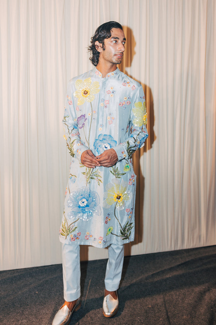 Peonies Hand-Embroidered Kurta in Poweder Blue