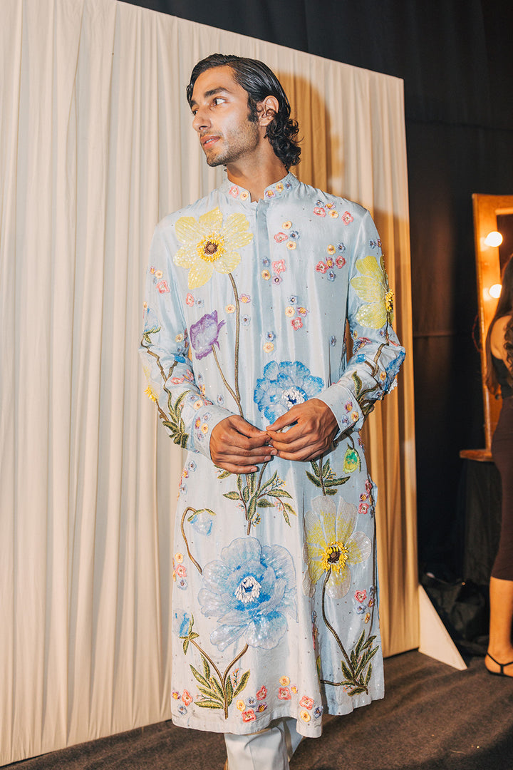 Peonies Hand-Embroidered Kurta in Poweder Blue