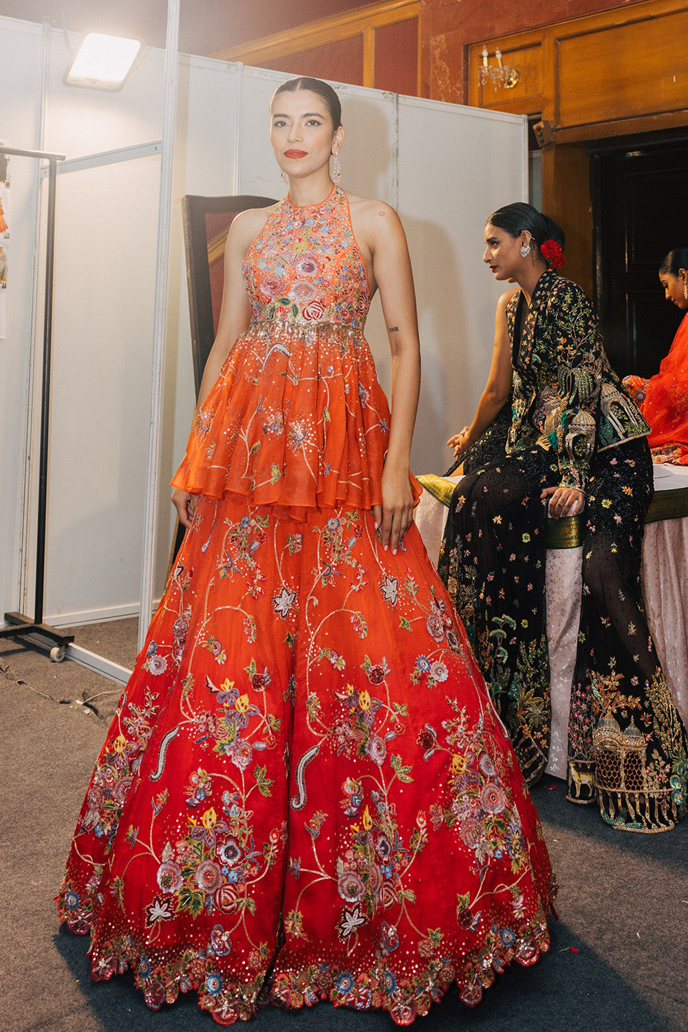 Anar Bel Silk Organza Lehenga with Silk Organza Blouse in Coral