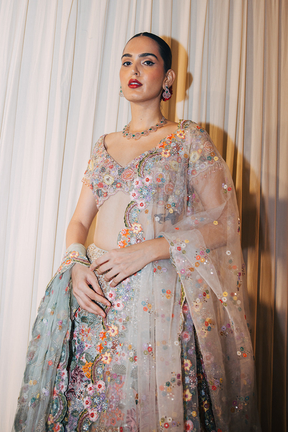 Kayra Silk Organza Lehenga, Hand-Embroidered Blouse, and Hand-Embroidered Dupatta in Mint