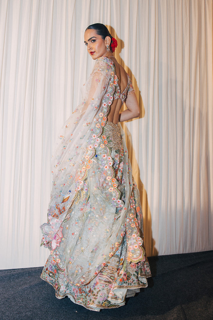 Kayra Silk Organza Lehenga, Hand-Embroidered Blouse, and Hand-Embroidered Dupatta in Mint