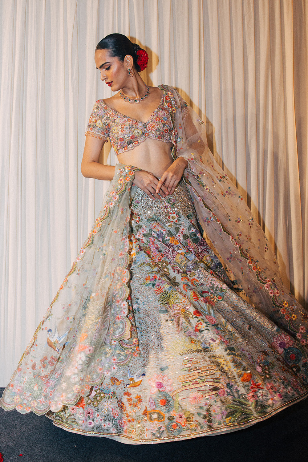 Kayra Silk Organza Lehenga, Hand-Embroidered Blouse, and Hand-Embroidered Dupatta in Mint