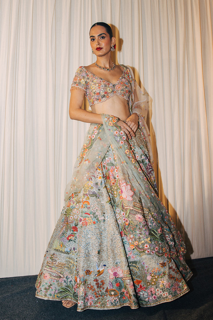 Kayra Silk Organza Lehenga, Hand-Embroidered Blouse, and Hand-Embroidered Dupatta in Mint