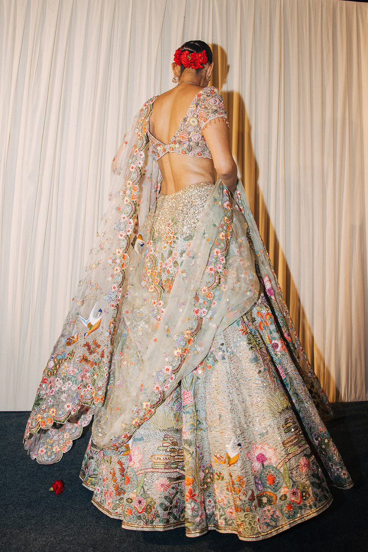 Kayra Silk Organza Lehenga, Hand-Embroidered Blouse, and Hand-Embroidered Dupatta in Mint