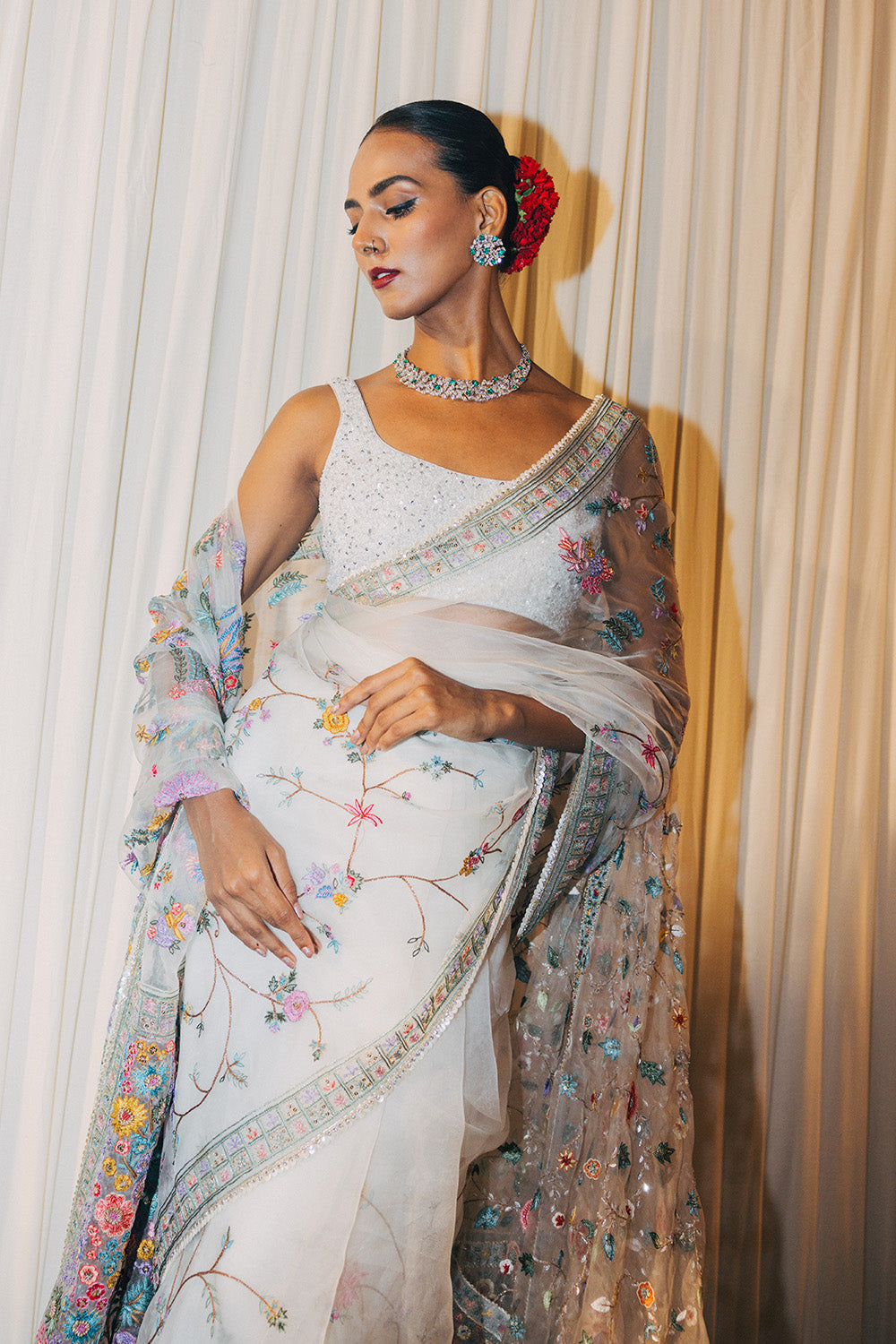 Haveli Silk Organza Saree with Haveli Hand-Embroidered Blouse in Ivory