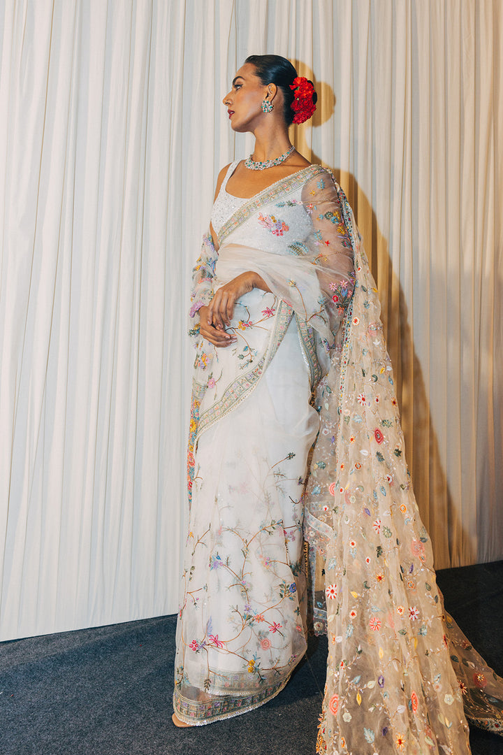 Haveli Silk Organza Saree with Haveli Hand-Embroidered Blouse in Ivory