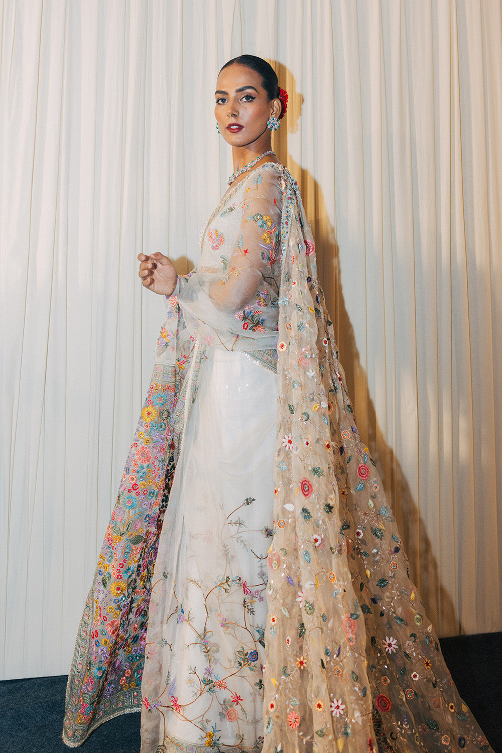 Haveli Silk Organza Saree with Haveli Hand-Embroidered Blouse in Ivory