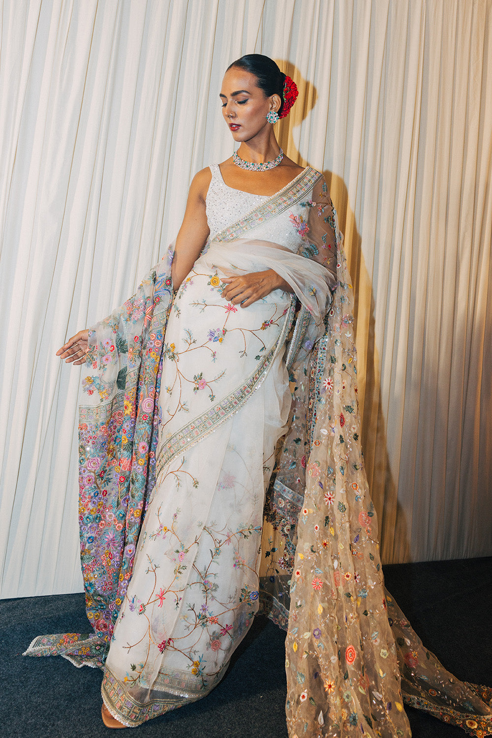 Haveli Silk Organza Saree with Haveli Hand-Embroidered Blouse in Ivory