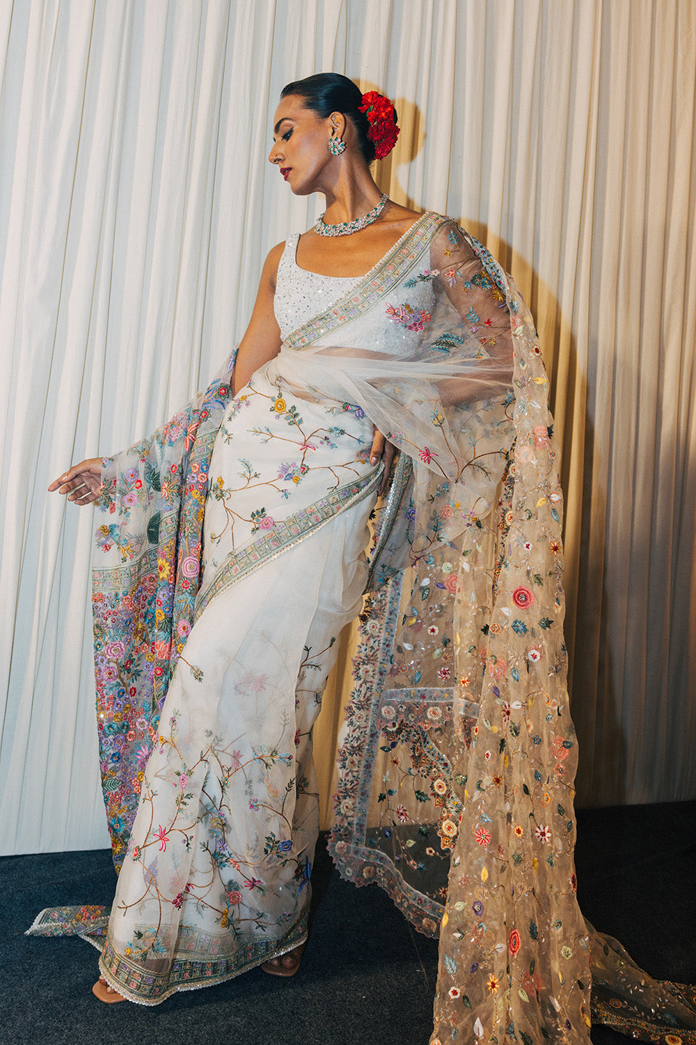 Haveli Silk Organza Saree with Haveli Hand-Embroidered Blouse in Ivory
