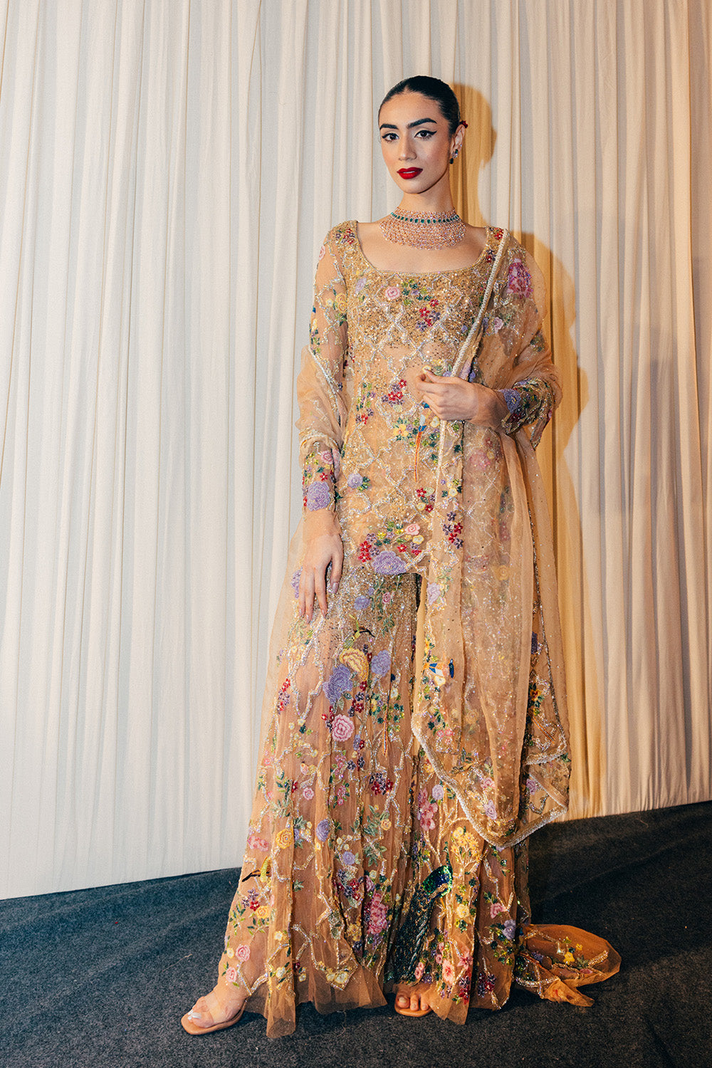 Birds Of Paradise Hand-Embroidered Kurta with Hand-Embroidered Sharara in Nude