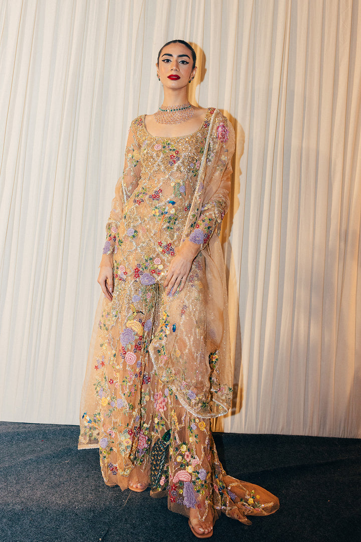 Birds Of Paradise Hand-Embroidered Kurta with Hand-Embroidered Sharara in Nude
