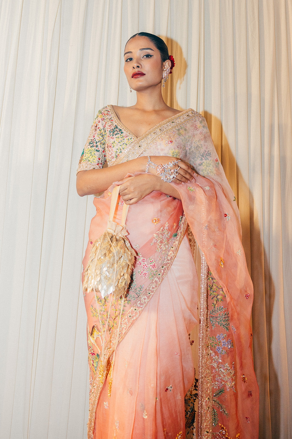 Jharokha Silk Organza Saree with Jharokha Silk Georgette Blouse in Pink Ombre
