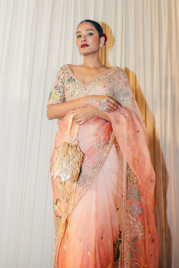 Jharokha Silk Organza Saree with Jharokha Silk Georgette Blouse in Pink Ombre
