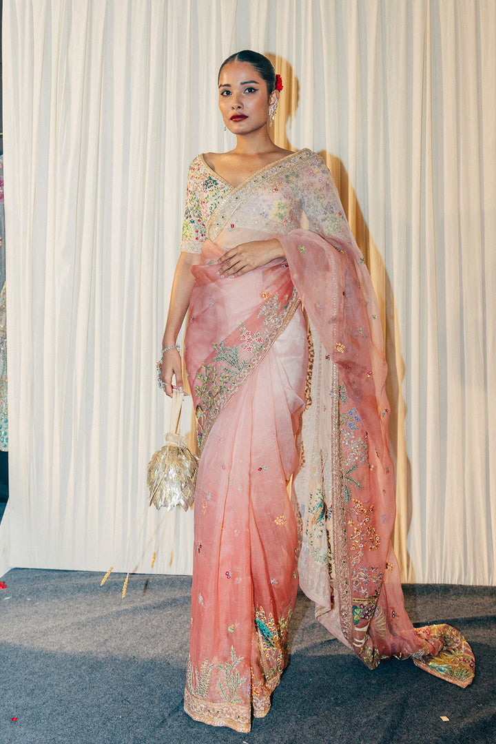 Jharokha Silk Organza Saree with Jharokha Silk Georgette Blouse in Pink Ombre