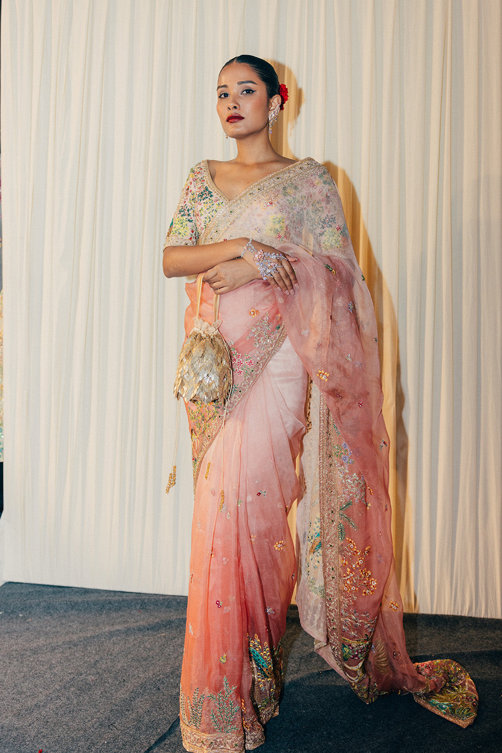 Jharokha Silk Organza Saree with Jharokha Silk Georgette Blouse in Pink Ombre