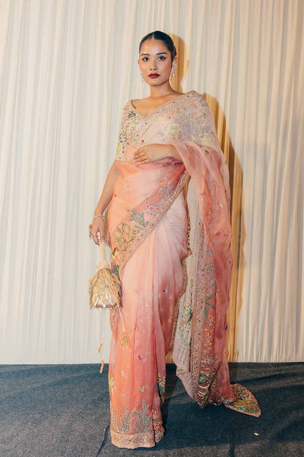 Jharokha Silk Organza Saree with Jharokha Silk Georgette Blouse in Pink Ombre