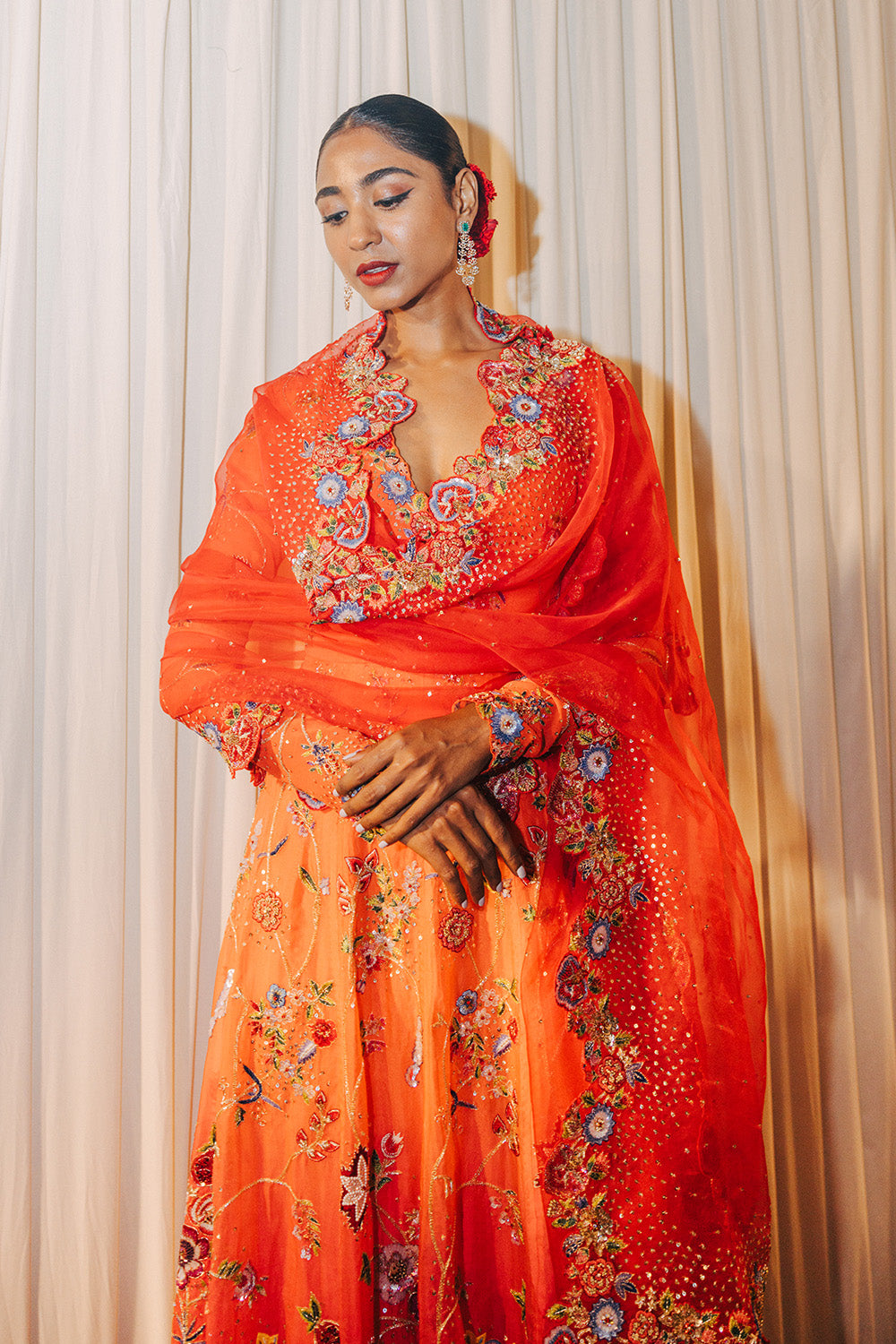 Anar Bel Silk Organza Anarkali with Silk Organza Dupatta in Sharbati Ombre and Coral
