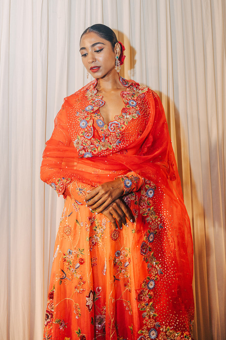 Anar Bel Silk Organza Anarkali with Silk Organza Dupatta in Sharbati Ombre and Coral