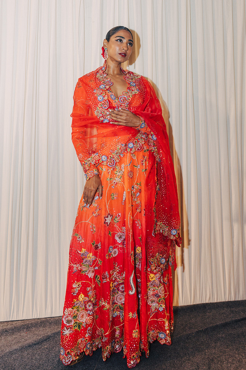Anar Bel Silk Organza Anarkali with Silk Organza Dupatta in Sharbati Ombre and Coral