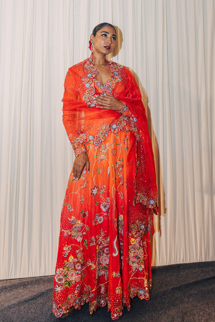 Anar Bel Silk Organza Anarkali with Silk Organza Dupatta in Sharbati Ombre and Coral