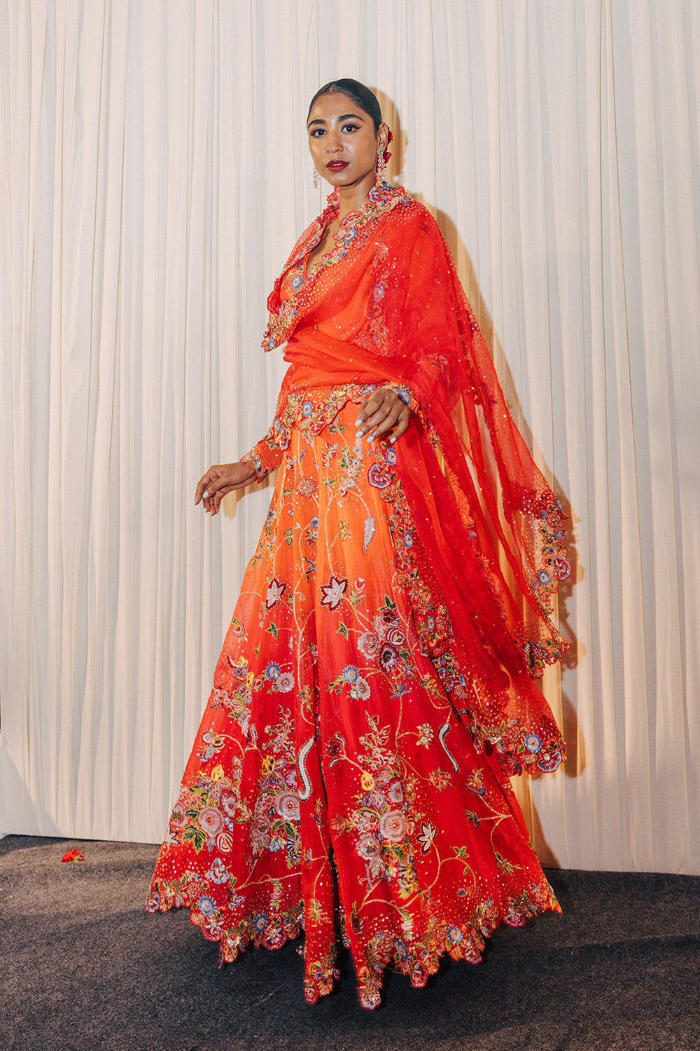 Anar Bel Silk Organza Anarkali with Silk Organza Dupatta in Sharbati Ombre and Coral