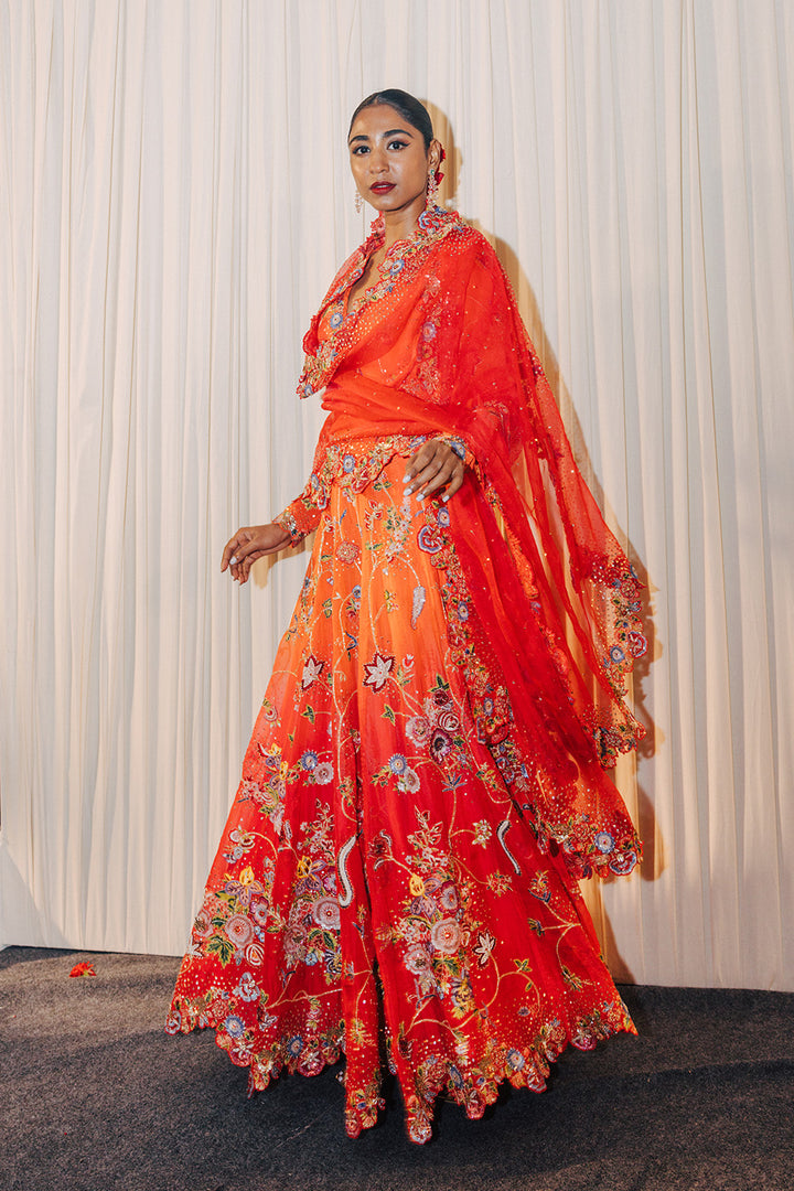Anar Bel Silk Organza Anarkali with Silk Organza Dupatta in Sharbati Ombre and Coral