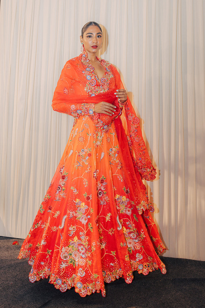 Anar Bel Silk Organza Anarkali with Silk Organza Dupatta in Sharbati Ombre and Coral