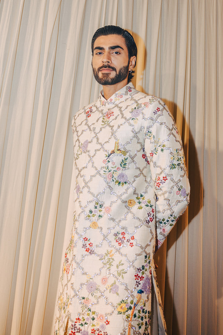 Birds Of Paradise Hand-Embroidered Sherwani in Ivory