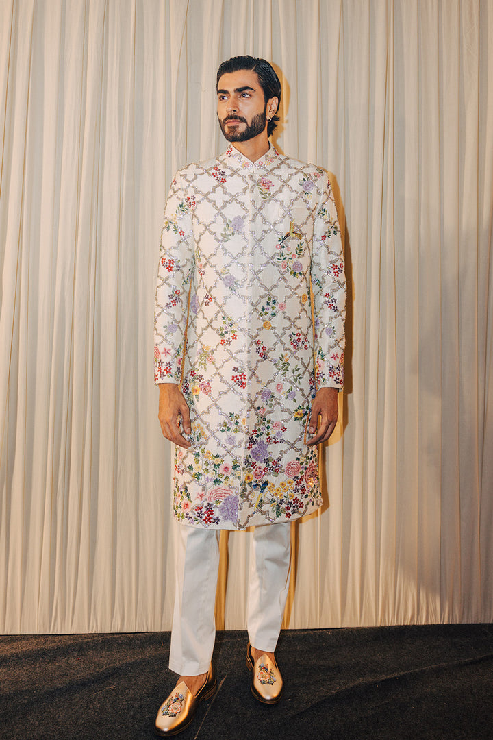 Birds Of Paradise Hand-Embroidered Sherwani in Ivory