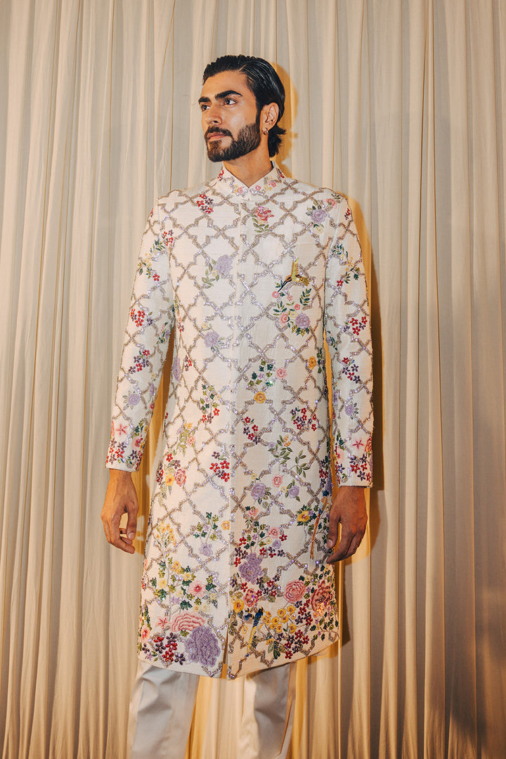 Birds Of Paradise Hand-Embroidered Sherwani in Ivory