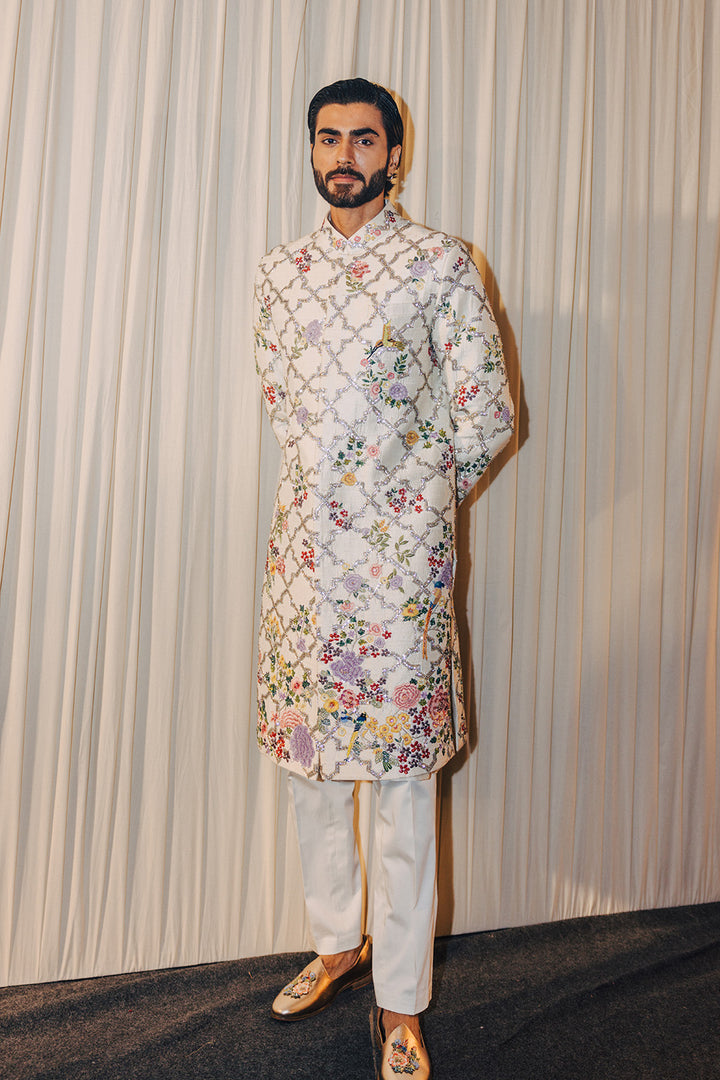 Birds Of Paradise Hand-Embroidered Sherwani in Ivory