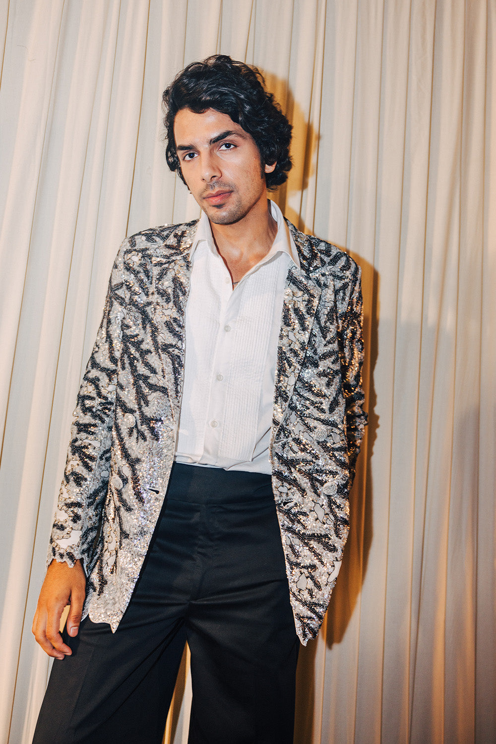 Leaf Textured Bandhgala, Classic Shirt &amp; Trousers in Silver, Ivory, and Black