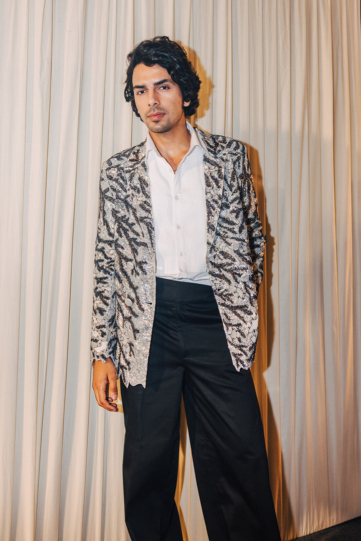 Leaf Textured Bandhgala, Classic Shirt &amp; Trousers in Silver, Ivory, and Black