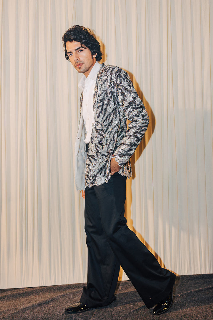 Leaf Textured Bandhgala, Classic Shirt &amp; Trousers in Silver, Ivory, and Black