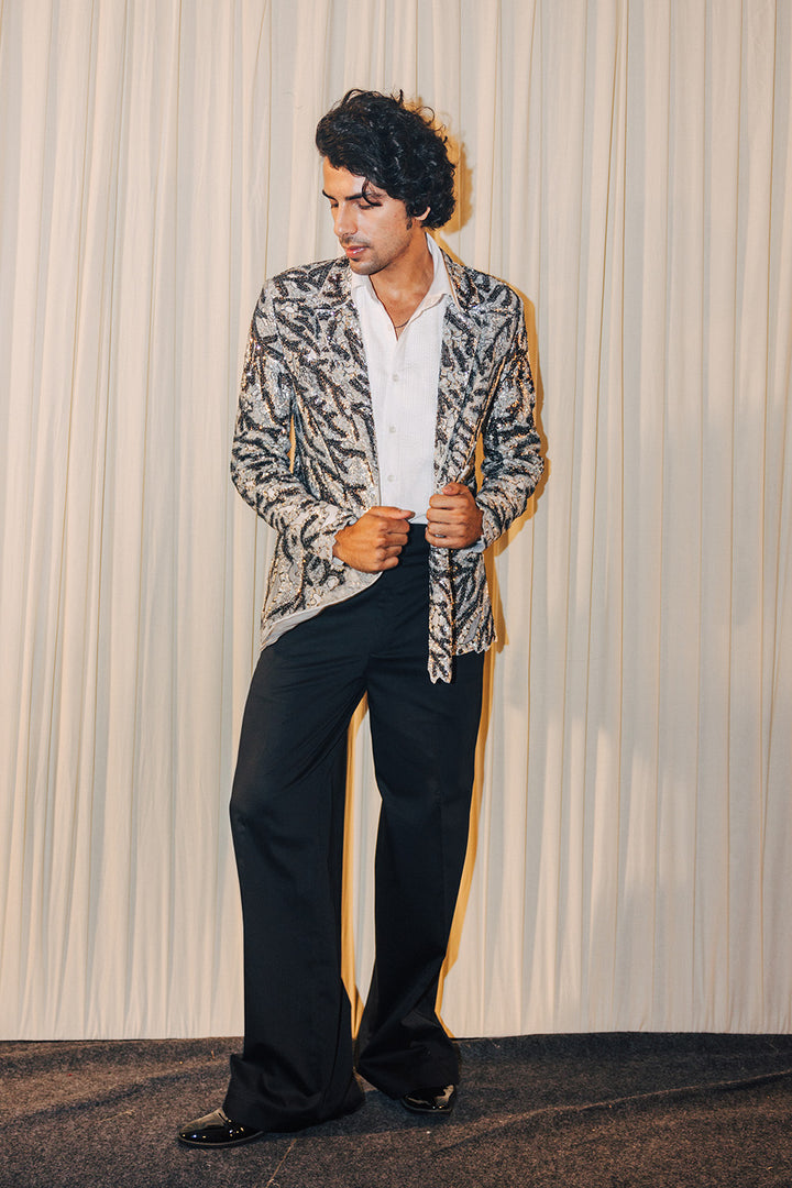 Leaf Textured Bandhgala, Classic Shirt &amp; Trousers in Silver, Ivory, and Black