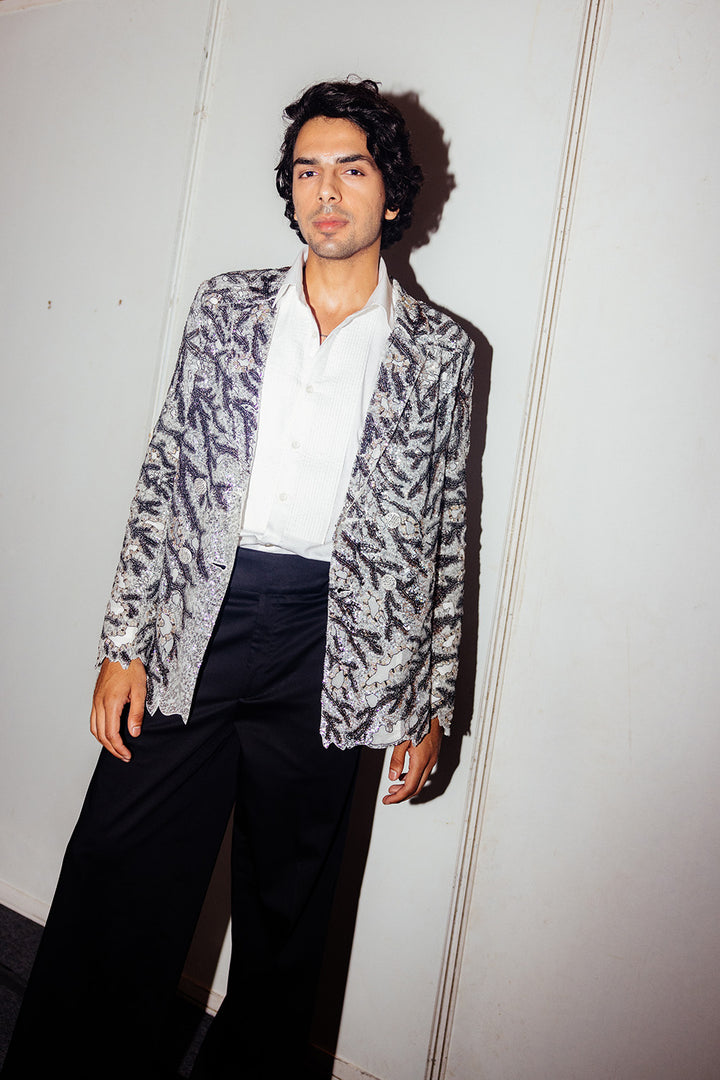 Leaf Textured Bandhgala, Classic Shirt &amp; Trousers in Silver, Ivory, and Black