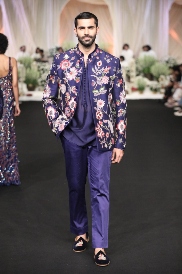 Anar Bel Hand-Embroidered Bandhgala in Navy