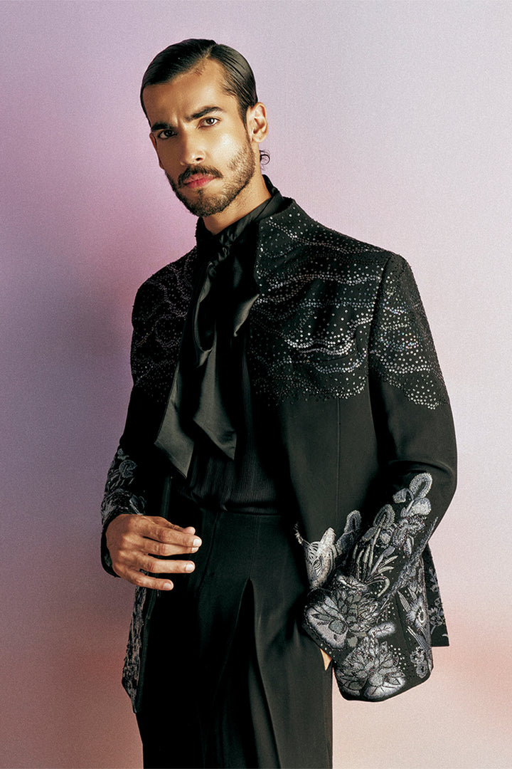 Pointillism Tonal Hand-Embroidered Bandhgala in Black