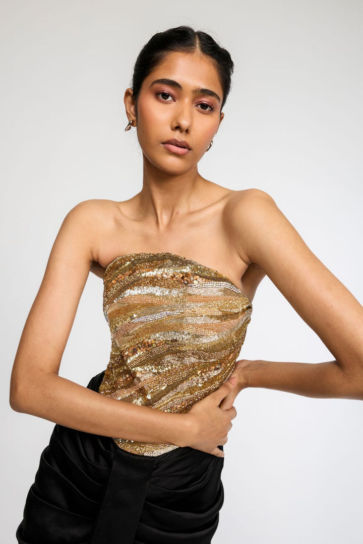 Surreal Space Gold Embroidered Corset &amp; Classic Black Draped Skirt