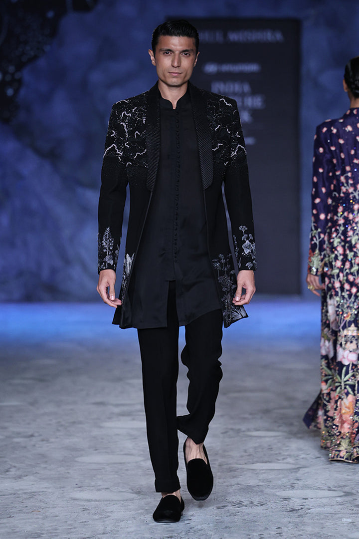 Pointillism Tonal Hand-Embroidered Sherwani in Black