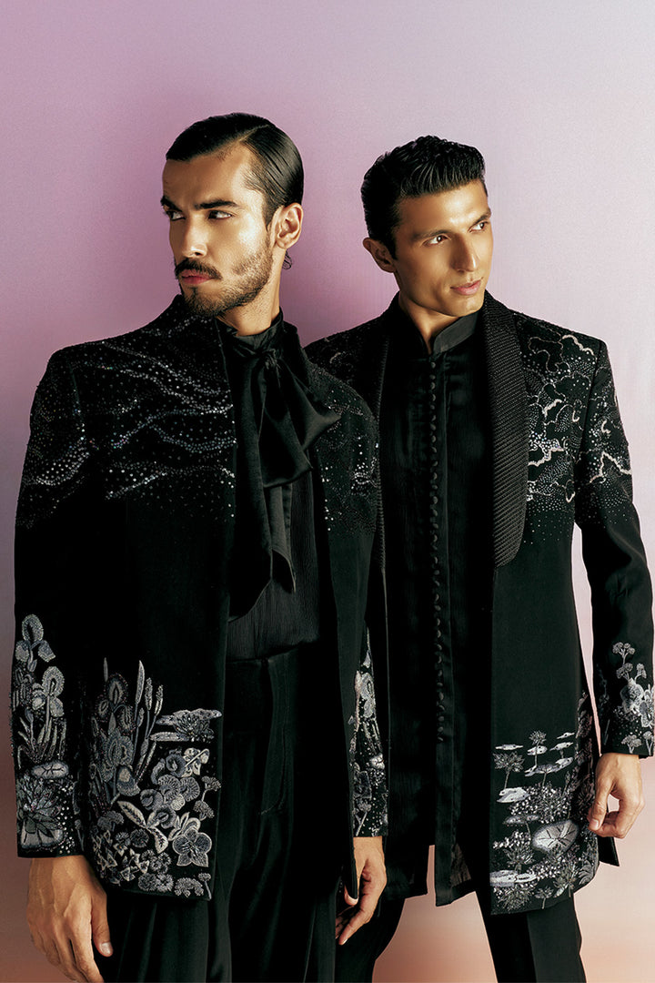 Pointillism Tonal Hand-Embroidered Sherwani in Black