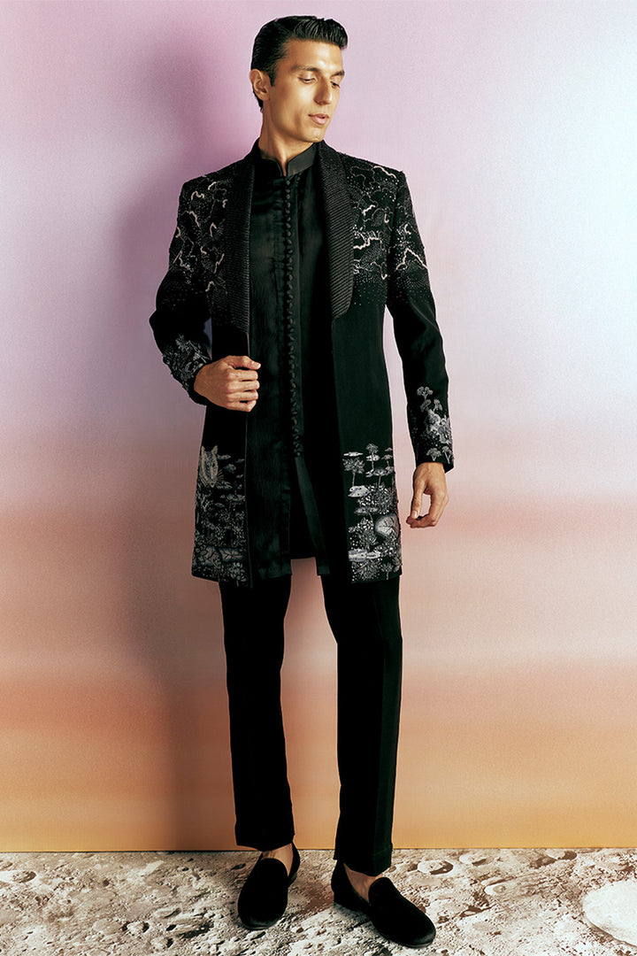 Pointillism Tonal Hand-Embroidered Sherwani in Black