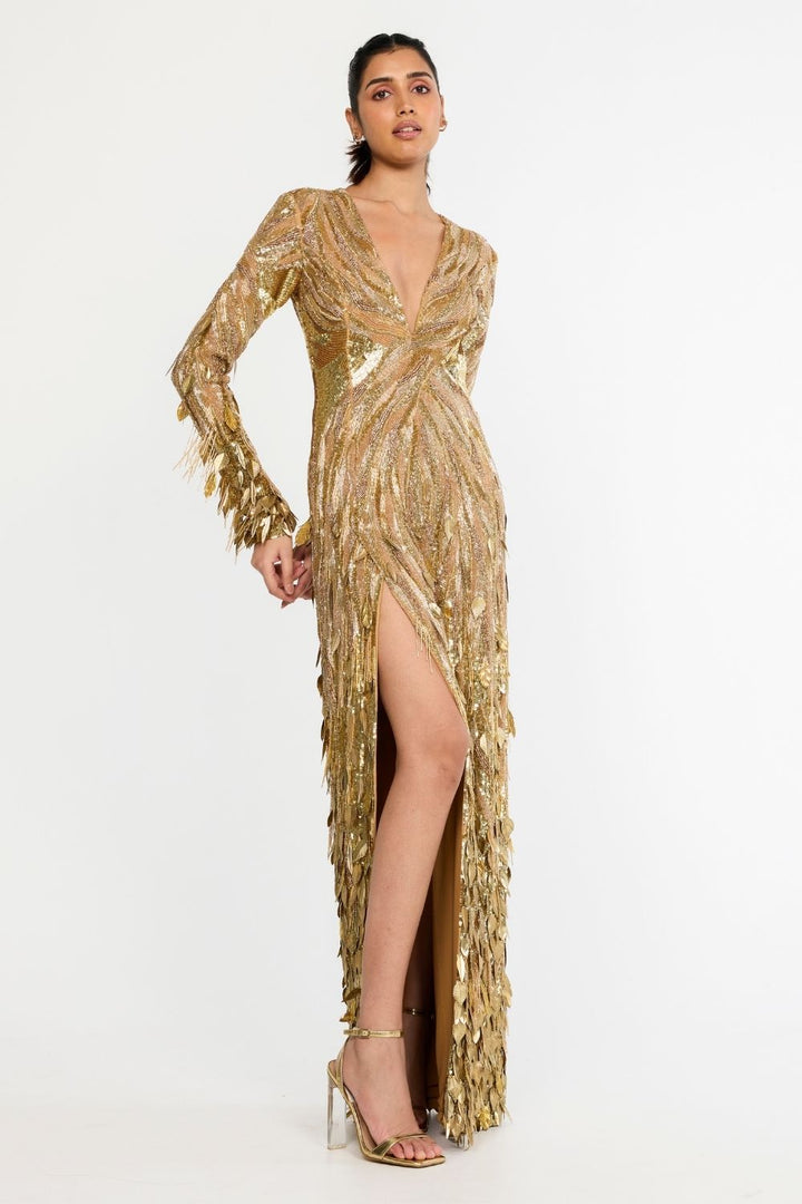 Surreal Space Gold Hand-Embroidered Gown in Nude