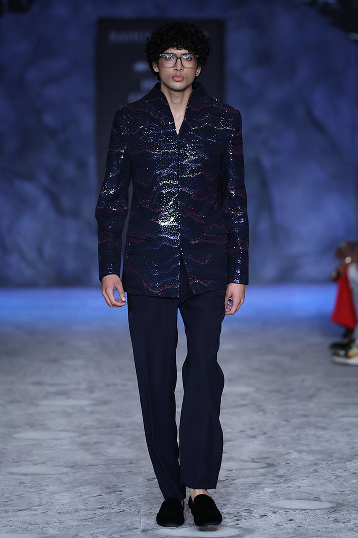 Pointillism Tonal Hand-Embroidered Bandhgala in Navy
