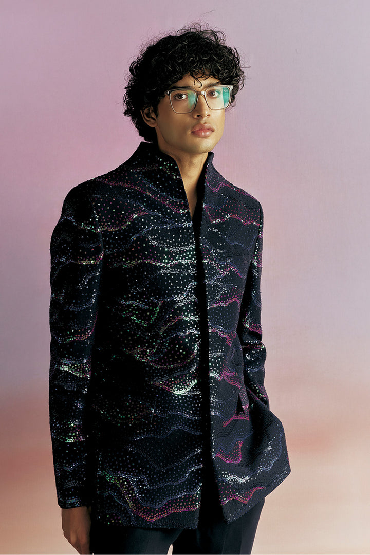 Pointillism Tonal Hand-Embroidered Bandhgala in Navy