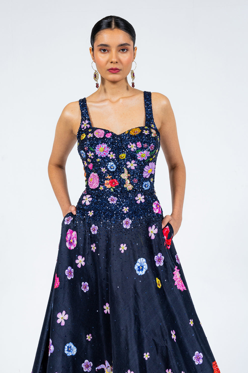 Valley Of Flowers Silk Satin Dress in Black