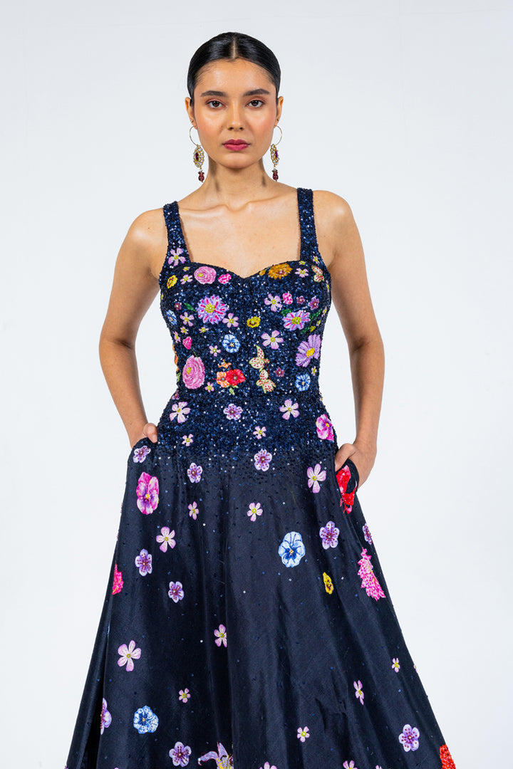 Valley Of Flowers Silk Satin Dress in Black