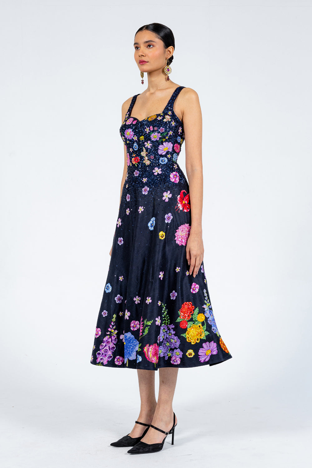 Valley Of Flowers Silk Satin Dress in Black