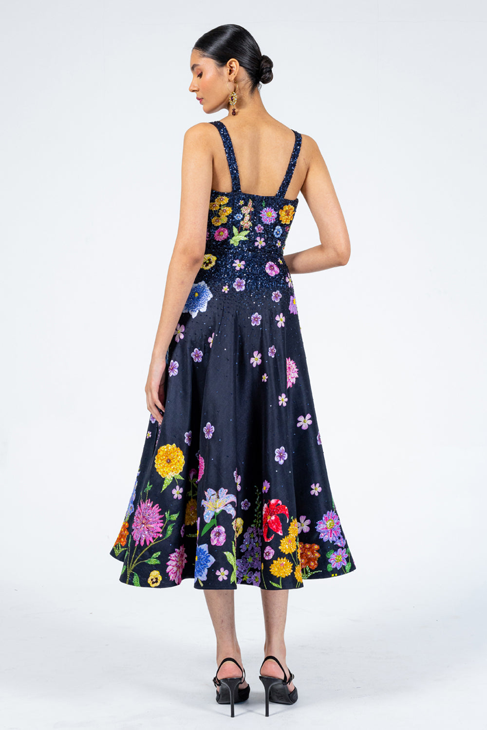 Valley Of Flowers Silk Satin Dress in Black